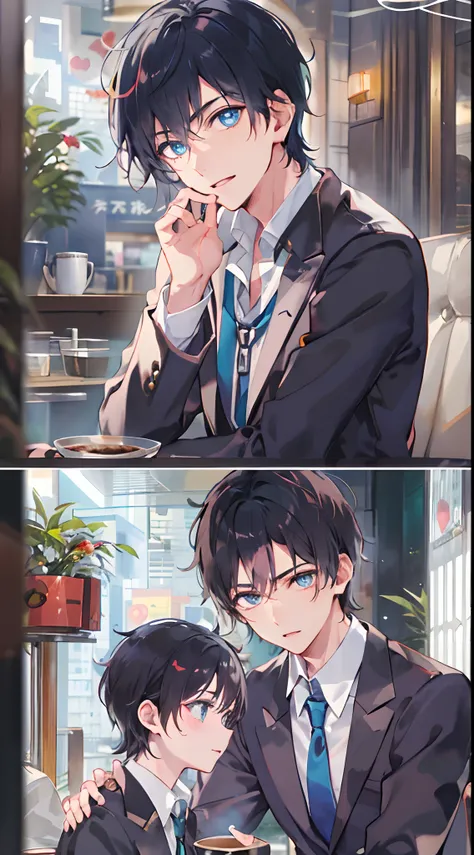 Masterpiece quality，The best quality assurance。1 short black hair、A handsome man with emerald blue eyes。Tsundere，expressiveless,Exudes magic，Be red in the face,lounge suit,cool guy，Cafe