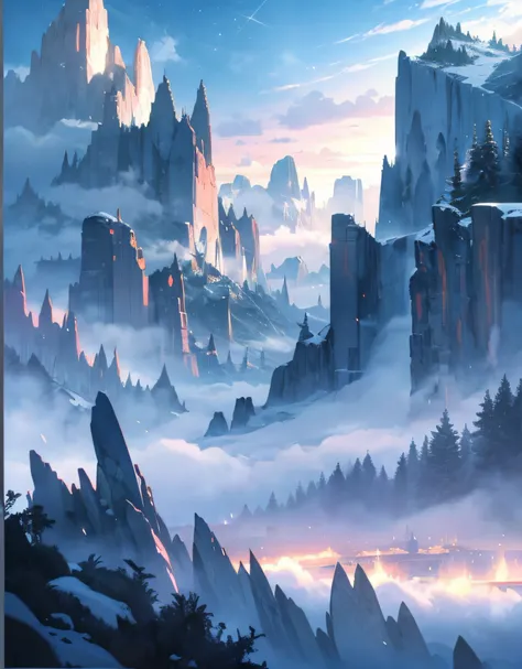 Nice 8KCG Wallpapers, very fine 8K CG wallpaper, watercolor (medium), Blue skies, Mountains are on the left and right sides of the screen. rock formations, Foggy Streets, Vacant lot, Winter Mountain, thick fog, Vacant lot,