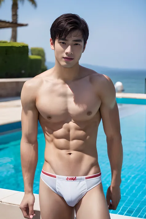 handsome Chinese guy, well-muscled, Upper body naked, 4K, hight resolution, smooth skin, finely detailed skin, swim wears, bulge