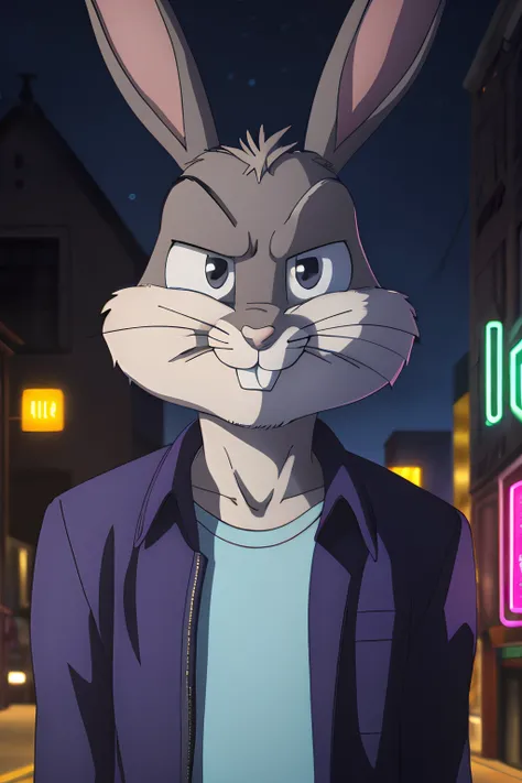 gloves, male, solo, (((bugs bunny 1.4))), rabbit, buckteeth, forest, long ears, grey body, grey fur, white fur,furry, upper body,wearing black trenchcoat in a cyberpunk city, 4k, cg, (((serious face 1.4))), solo, neon lights, at night,,16k(detailed face an...