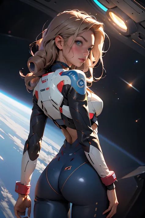 rear view, backside view, turning away, sandy hair, eyes are blue, fit body large breasts slender thighs slender waist pilot suit solo looking away from viewer, in space, long hair, blushing, determination, 8k, extreme detail,