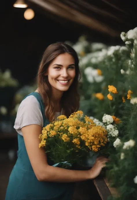 xxmix_girl,Digital color photography portrait of a woman working at a flower gardon, smiling at the camera, minimal, bright light ,film,graininess,smile,cold,Grainy