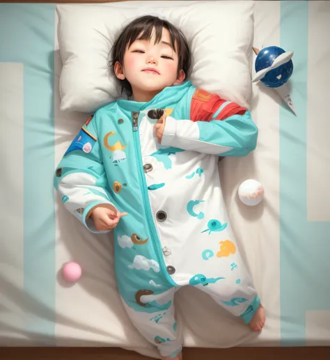 Close-up of a Chinese child wearing a sleeping bag（Real Human），With her cute little hands and feet exposed，There is a ball in the air, cute design, Fashionab, white and teal garment, Adorable, Sleeping, Sleepy, zun, soft - warm, sleeping bag, p. j. n, Patt...