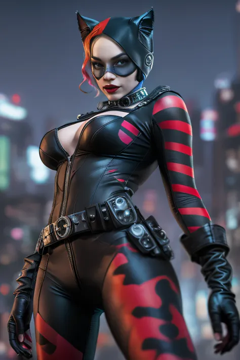 Catwoman and Harley Quinn combined as one character, (top-quality、8K、32K、​masterpiece、)、(The ultra -The high-definition)、(Photorealsitic:1.4)、Raw photography,Perfect eyes,Charming perfect figure,actionpose:1.2,Detailed cyberpunk fashion、World of Cyberpunk,...