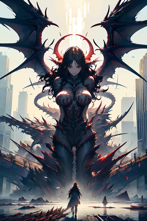 (masterpiece, best quality), 1lady, solo, (white scales, scaly body), halo, wings,fallen angel, black hair, loose waves, red eye...