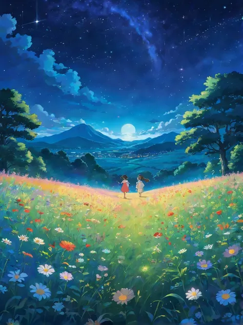 Meadow at night，The stars twinkle in the sky