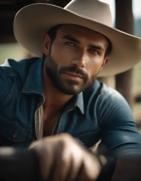 Cinematic portrait, ((Upper body)), Facing the audience, (reality :1.3), most beautiful artwork photo in the world, A man looks at the camera, Vintage denim outfits, Western cowboy, Detailed beautiful face, action  shot, (Intricate :1.4), Western backgroun...