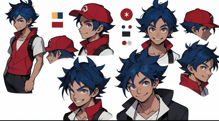 Adult male, red hat, white shirt with blue details, black short, brown eyes, (detailed face), (detailed eyes), pokemon trainer, anime style, thin, white background, character sheet, multiple angles, smile, blue hair