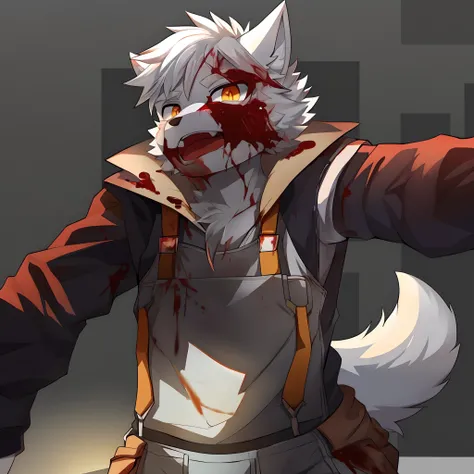 terroral，blood vess，Be covered in blood，The corners of his mouth were stained with blood，solo person，White body，White ears，White hair，White fur，Overall white，Orange-yellow eyes，Wolf tail，Wolf orcs，Wolf paws，Young，Wear a jacket，Ultra-clear screen，Soft lines