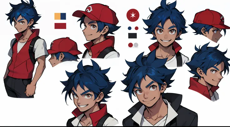 Adult male, red hat, white shirt with blue details, black short, brown eyes, (detailed face), (detailed eyes), pokemon trainer, anime style, thin, white background, character sheet, multiple angles, smile, blue hair