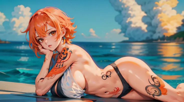 1girl, minimalism, Nami, tattoo right arm, huge breast, orange hair, Eiichirō Oda, simple, vector, sexy body, sea from background,))