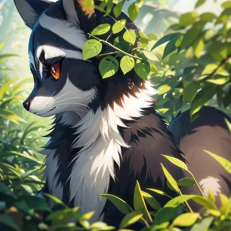 cinematic view colors, raccoon, green meadow environment, shiny eyes raccoon, multicolored ambient