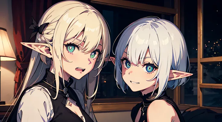 two elf girls, looking at viewers, black long hair, White short hair, Dark colors, ghotic style, Creepy style, Mommy Vibe, Two elf, Crazy, Strong facial study, Wild expression on his face, anger, Cats pupils, grin, night time, bedroom