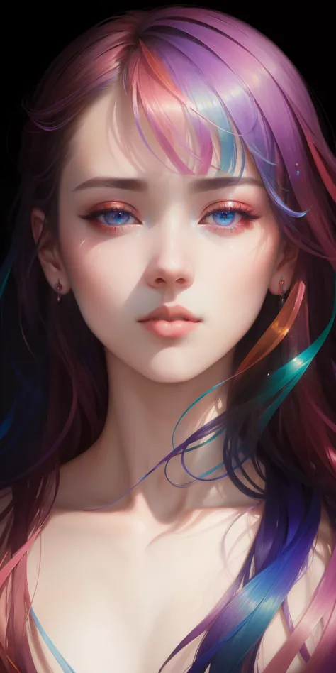 _james jean, floating female figure made of ribbons, smoke, in the sky, colorful and vibrant, mystical colors, contemporary impressionism, yanjun cheng portrait painting, iridescent painting, 3/4 perspective view, cute face, low angle, sweeping circling co...