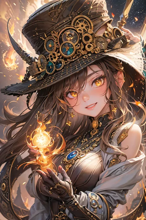 Realistic concept art, realistic, masterpiece, best quality, detail, 3d render, cg effect, fantasy, Extremely Refined and Beautiful, Japanese lady, facing to viewer, long hair, brown hair, full body, (holding long fire element magic staff), fire particles,...