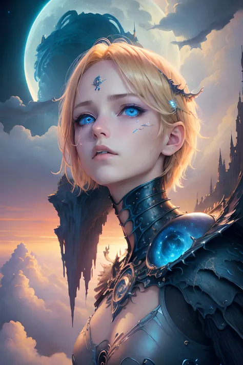 ((Best quality)), ((Masterpiece)), (Detailed), female titan, Blonde hair, Short hair, Blue eyes, horror beauty, perched on a cloud, (Fantasy illustration:1.3), captivatinggaze, captivating posture, delicate scars, otherworldly charm, mystical sky, (Luis Ro...