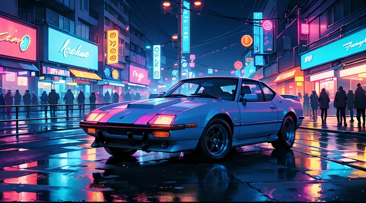 Cool chic car on a wet road. , neon lights, neon, retrowave, club,,,, in love Hemp, colorful, wallpaper, energy, secret, magical environment, omniscience, prediction of the future, understanding the past, frost magic, --v 6