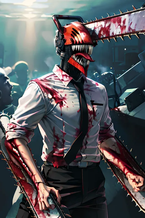 masterpiece, best quality, highres, monster boy, djb, sharp teeth, chainsaw, blood on clothes, blood on weapon, collared shirt, ...