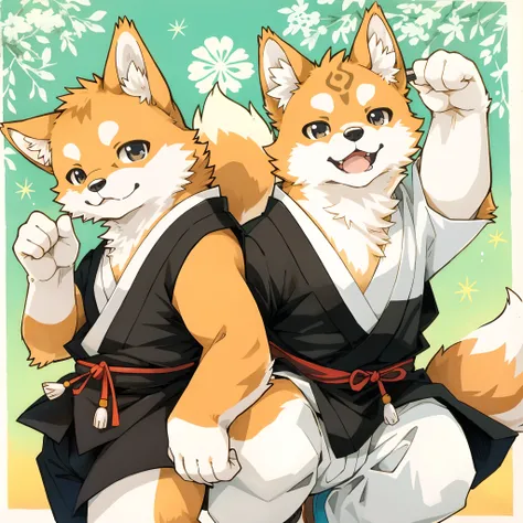 Copic marker illustration in a Japanese manga style of a Shiba Inu, mimicking the pose of a Maneki Neko,