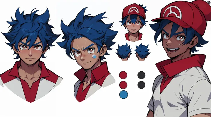 Adult male, red hat, white shirt with blue details, black short, brown eyes, (detailed face), (detailed eyes), pokemon trainer, anime style, thin, white background, character sheet, multiple angles, cry, blue hair