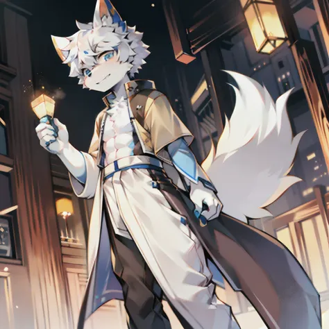 eyes with brightness, Character focus，Full body like，独奏,solo person，standing on your feet，Correct human anatomy。male people，Furry male wolf，eyes blue，White-colored skin， White hair，White animal ears，leisure wear，年轻， There is a wolf tail，Abs，k hd，8K，1440*20...