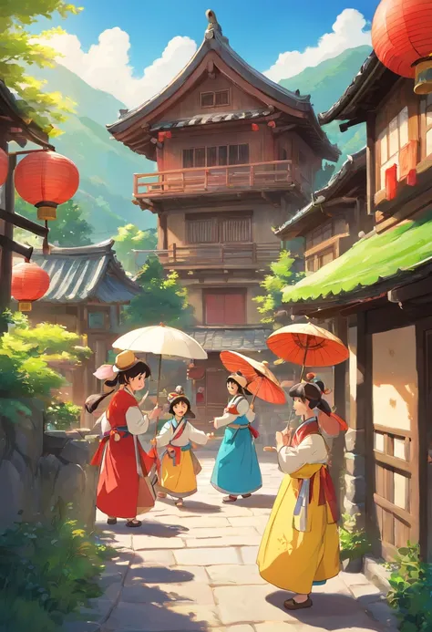 In a beautiful Zhuang village，Have a happy big family, Children dressed in beautiful Zhuang costumes play happily in the village，They wore beautiful strong hats，Dressed in brightly colored Zhuang costumes，Hand in hand, They sang and danced in a circle arou...