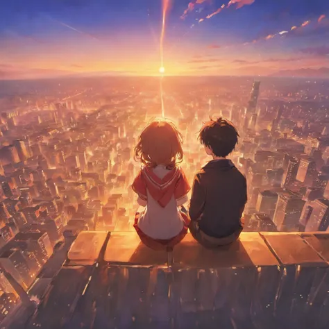 A boy and girl sit together，Facing the sunset，Back view，There is a book floating in the air in the middle。style of anime。