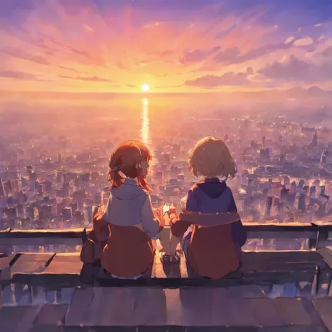 A boy and girl sit together，Facing the sunset，Back view，There is a book floating in the air in the middle。style of anime。