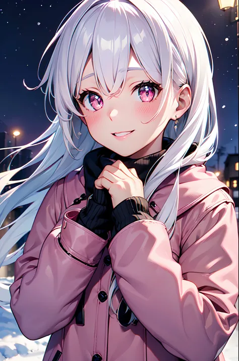 (High quality,High resolution,Fine details,Realistic),(Pink Long Coats),Winter Clothing,solo,Adult Woman,(White Hair),sparkling eyes,smile,blush,White Breath,Oily skin,Snow,Fantastic,Night Sky,Illumination