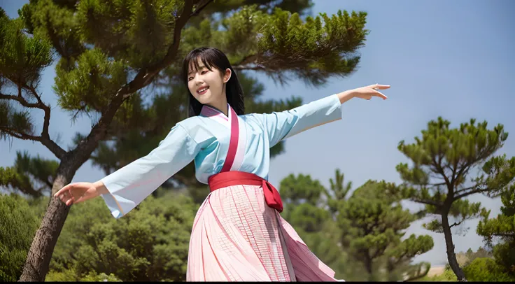 Korean woman dancing gummu in hanbok against the backdrop of Korean hanok and pine trees