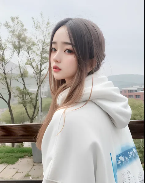 arafed woman in a white hoodedie standing on a bench, dilraba dilmurat, girl wearing hoodie, sha xi, fanart, soft portrait shot 8 k, black haired girl wearing hoodie, pokimane, xintong chen, with long hair, julia gorokhova, 8k)), li zixin, ruan jia beautif...