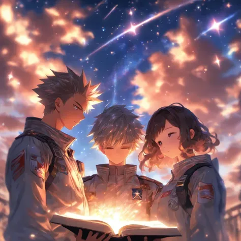 A couple。Girl with brown hair，Ball head，Casual sportswear。Boy silver hair，Black military uniform。The two stood and looked at each other，At the same time, he pointed to a glowing book。The background is a starry sky。