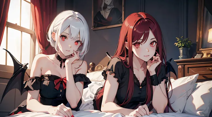 two vampire girls, looking at viewers, red long hair and White short hair, bat wings, Dark colors, Mommy Vibe, Strong facial study, full body, 15th century bedroom