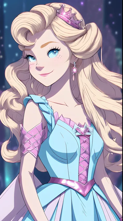 a cartoon drawing of a woman dressed in a princess dress , princess intergalactica, star butterfly, anime princess, blonde - haired princess, she has pale blue skin!!!, high quality fanart, cel shaded!!!, princess peach), video game fanart, hero 2 d fanart...