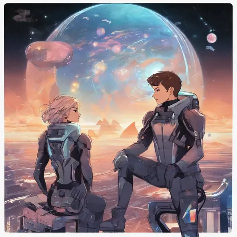 A couple。Girl with brown hair，Ball head，Casual sportswear。Boy silver hair，Black military uniform。The two stood and looked at each other，At the same time, he pointed to a glowing book。The background is a starry sky。