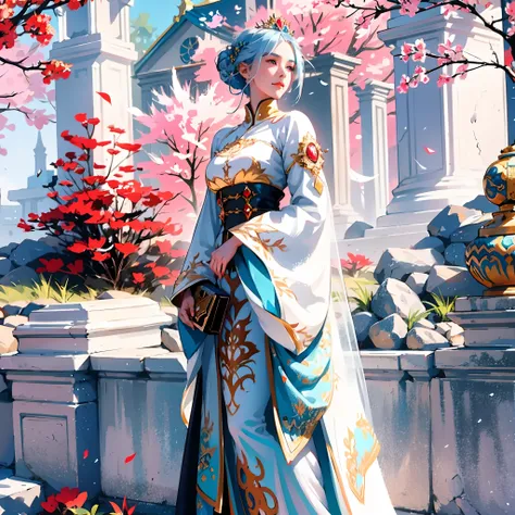 In front of the wall stood a woman in a white dress, Guviz-style artwork, ((a beautiful fantasy empress)), Guviz, guweiz masterpiece, a beautiful fantasy empress, Guweiz in Pixiv ArtStation, elegant cinematic fantasy art, Inspired by WLOP, Guweiz on ArtSta...