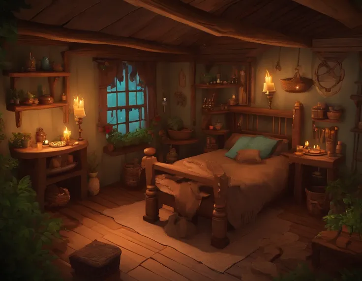 indie game art, isometric, sad, interior of druids cottage, dull