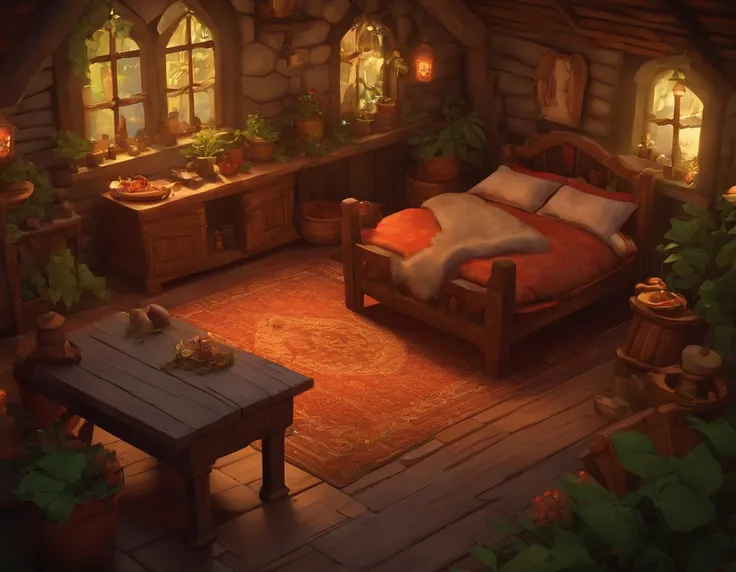 indie game art, isometric, sad, interior of druids cottage, dull