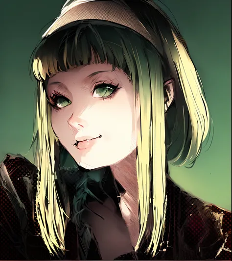 a woman with a suit , blonde hair,green eyes,and black suit,fair woman,drawn in a noir style, drawn in a neo - noir style, detailed,, digital anime illustration, beautiful art style, anime style portrait, portrait of anime woman