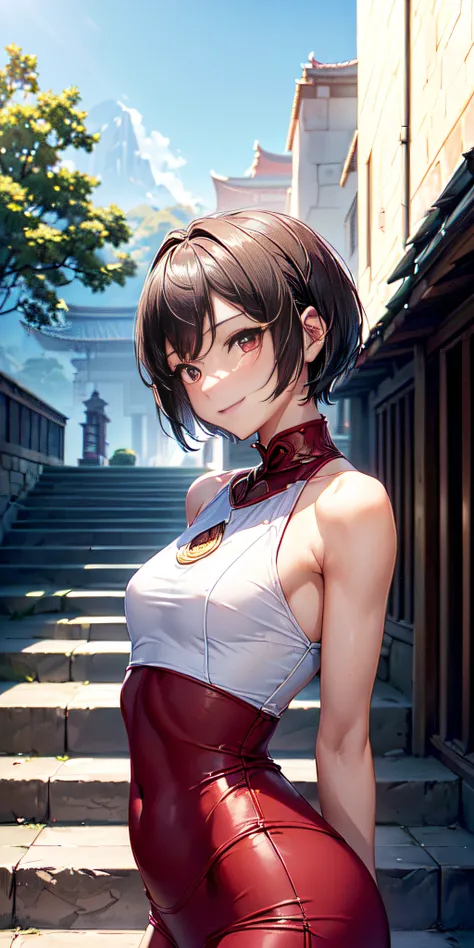 seen from any of the 4 cardinal points, wallpaper, ((((ganyudef)) upper body, 22years old, slim build, shapely body, short hair, smile, blush, outdoors, day)), (background: simple, blue sky, sky, temple, looking at viewer, stairs , mountain), rear side lig...