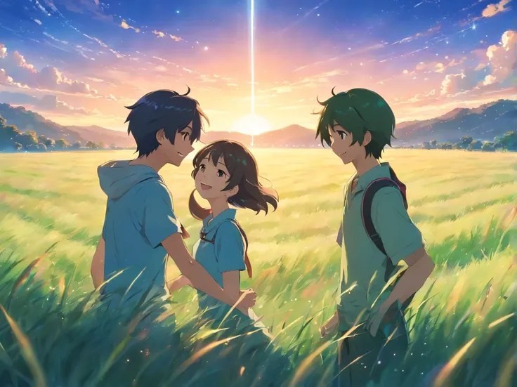 grassy fields、starrysky、Boys and girls smiling at each other、