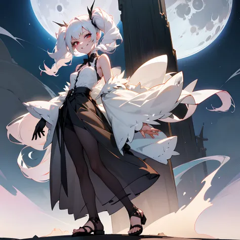 1 girl, solo, long white hair, curly twintails, vampire, jagged teeth, smirk, grinning, gorgeous young girl, small breasts, lolita, luxurious white coat off shoulders, bare shoulders, sleeveless intricate black elegant shirt, see-through shirt, long skirt,...