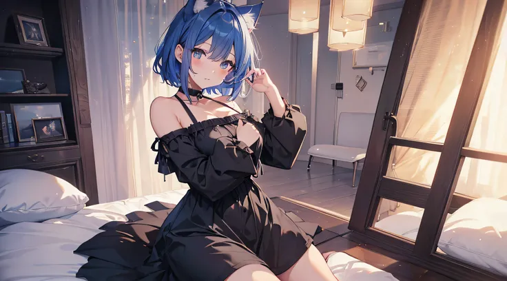 cat girl, looking at viewers and ready to hug, blue short hair long black dress, mommy vibe, full body, bedroom