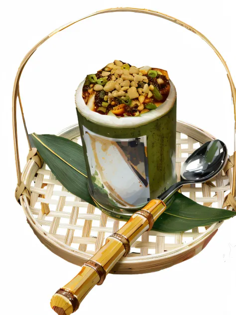 A cup of food with a spoon on a plate, mmmmm, delicacy, in style of thawan duchanee, 2654465279, 3274589695, inspired by Nam Gye-u, food photography”, mountain water, rendering, 3278750727