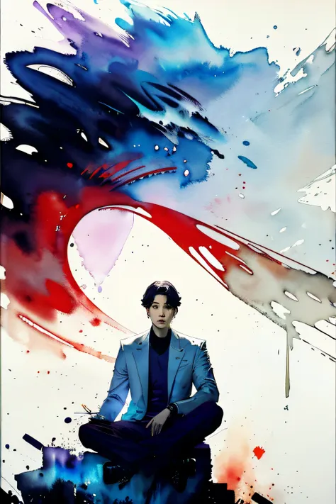 ((((Suga)))) from BTS,1boy, looking at viewer, high-tech clothes, sitting, super power, from below, fantasy, high contrast, ink strokes, explosions, over exposure, impression , abstract, ((watercolor painting by John Berkey and Jeremy Mann)), brush strokes...