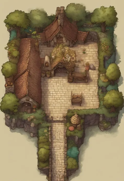 birdseye straight top-down shot from a drone, battlemap of interior of medieval fantasy cottage, (massive dark magical roots sprouting from west:1.2), (black necrotic magic in the air:1.2), wicker furniture,  door to north, mezzanine sleeping area, dungeon...