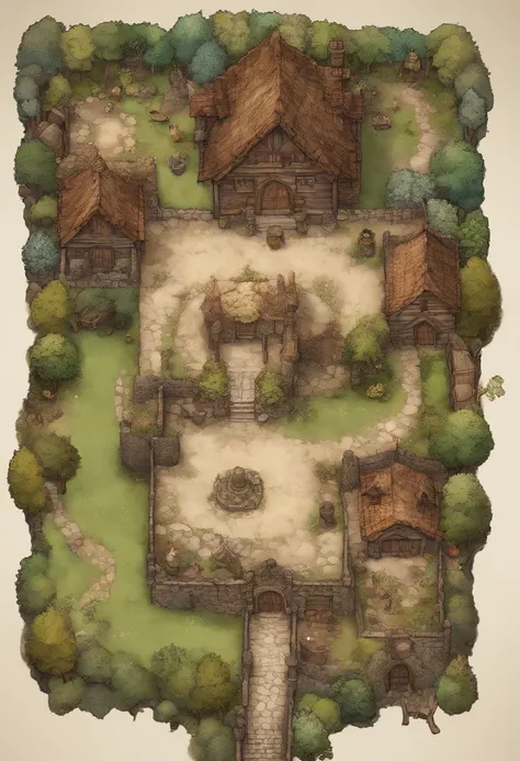 birdseye straight top-down shot from a drone, battlemap of interior of medieval fantasy cottage, (massive dark magical roots sprouting from west:1.2), (black necrotic magic in the air:1.2), wicker furniture,  door to north, mezzanine sleeping area, dungeon...