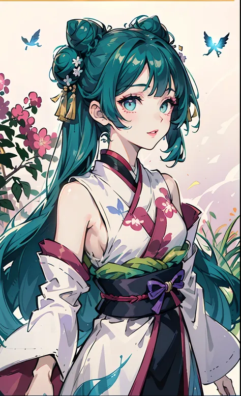 Kimetsu no Yaiba style, (((1girl))), 独奏, rex colored eyes, ice blue colored hair, white Tuft, long hair, double bun, hairpin, Sleeveless lilac kimonos, detached sleeves, Obi Green Belt, painted lips, hair ornament, ssmile, in the woods, Birds fly in the sk...