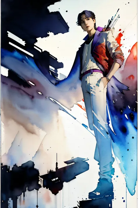 ((((Suga)))) from BTS,1boy, looking at viewer, high-tech clothes, sitting, super power, from below, fantasy, high contrast, ink strokes, explosions, over exposure, impression , abstract, ((watercolor painting by John Berkey and Jeremy Mann)), brush strokes...