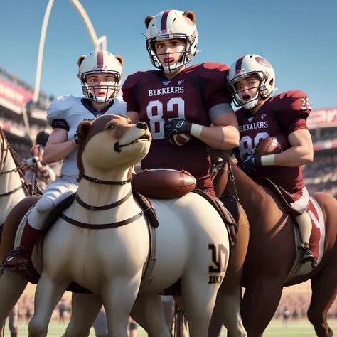 Three bears wearing cal berkley football helmets on a carousel